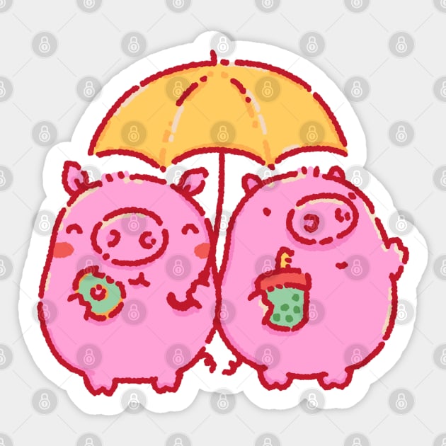 Pigs under a yellow umbrella Sticker by Tinyarts